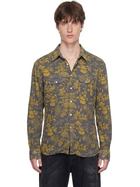 Custo Barcelona Other - RARE! Custo Barcelona Vintage Y2K Japanese Floral Button-Up Shirt in Olive Gold